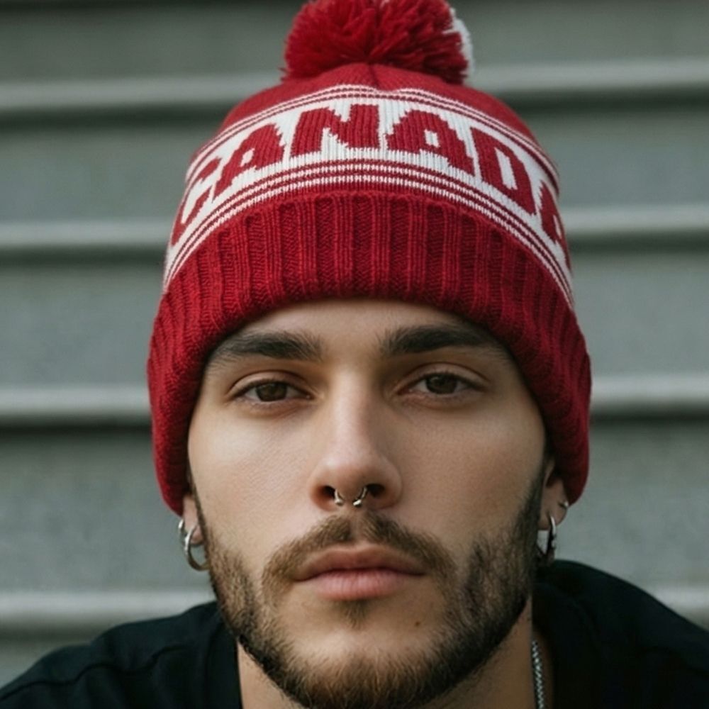 Canada Text Pattern Pom-Pom Winter Hat